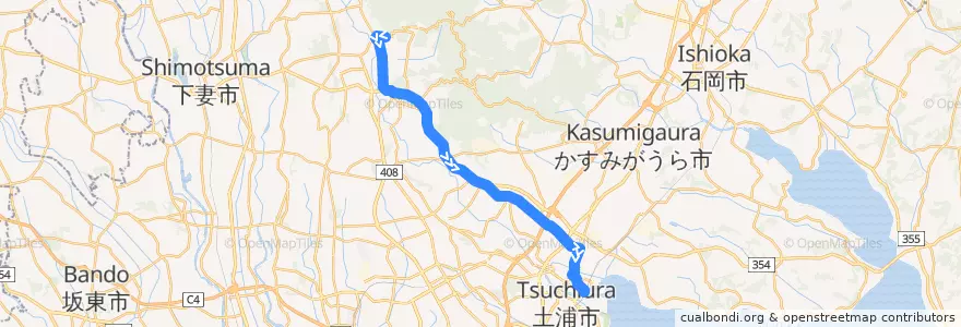 Mapa del recorrido 関東鉄道バス 筑波山口⇒北条⇒土浦駅 de la línea  en 이바라키현.