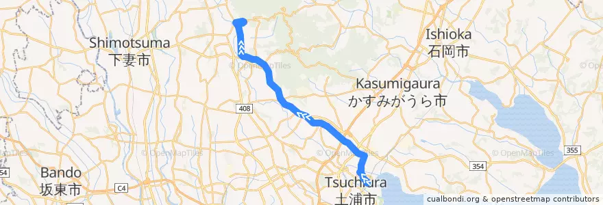 Mapa del recorrido 関東鉄道バス 土浦駅⇒北条⇒筑波山口 de la línea  en Prefettura di Ibaraki.