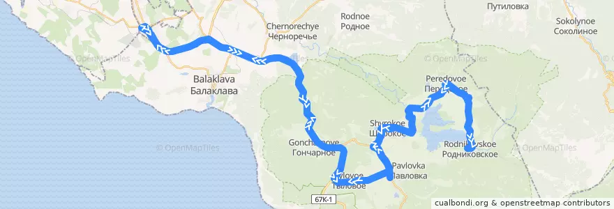 Mapa del recorrido Автобус №37: 5-й километр - с. Орлиное - с. Родниковое de la línea  en Балаклавский район.