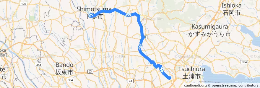 Mapa del recorrido 関鉄パープルバス71系統 下妻駅⇒田中・つくばセンター⇒学園並木 de la línea  en Ибараки.