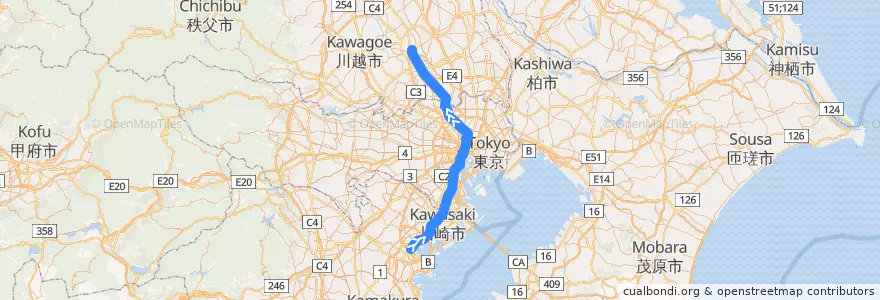 Mapa del recorrido JR京浜東北線快速(北行) de la línea  en Japão.