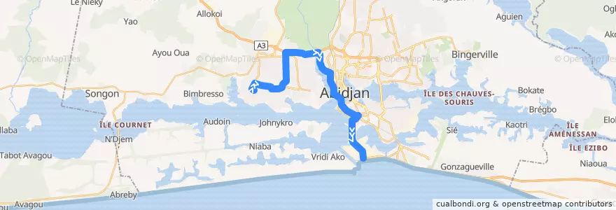 Mapa del recorrido bus 771 : Yopougon Niangon → Vridi Iran de la línea  en Abidjan.