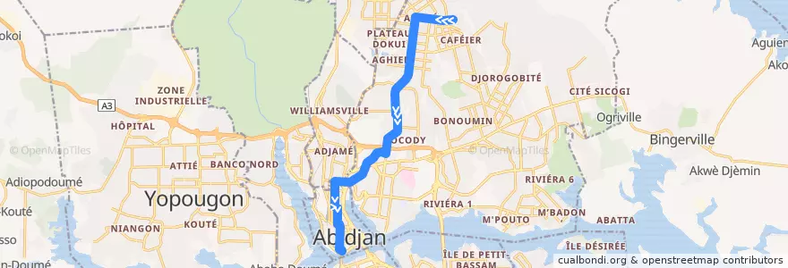 Mapa del recorrido bus 205 : Djibi → Gare Sud de la línea  en Abidjan.