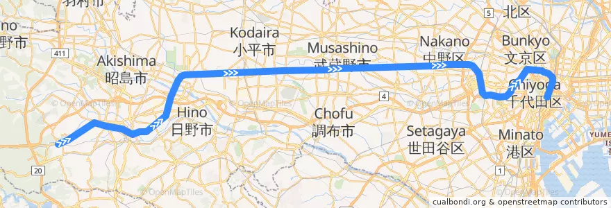 Mapa del recorrido JR中央線快速（上り） de la línea  en 東京都.