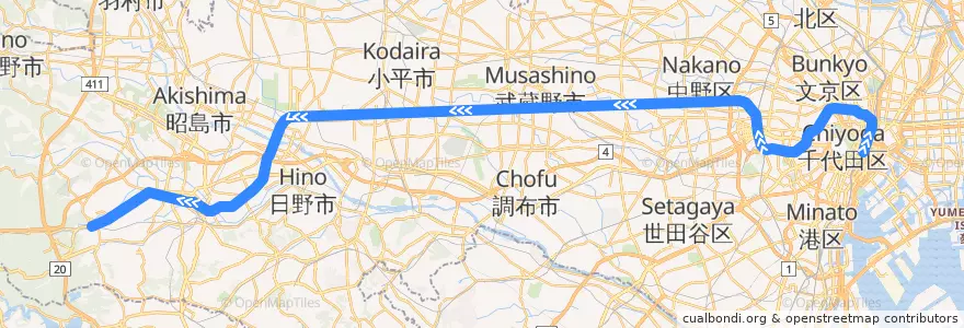 Mapa del recorrido JR中央線快速（下り） de la línea  en Tóquio.