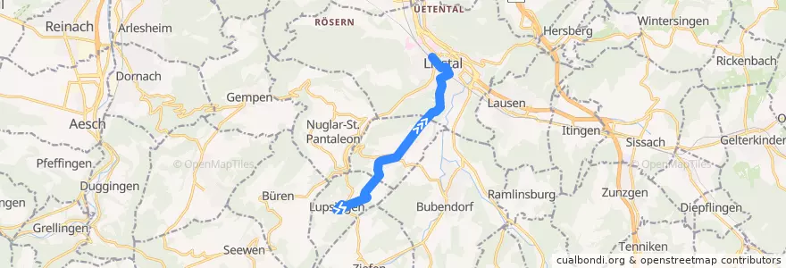 Mapa del recorrido Bus 72: Lupsingen, Pfarrhaus => Liestal, Bahnhof de la línea  en Bezirk Liestal.