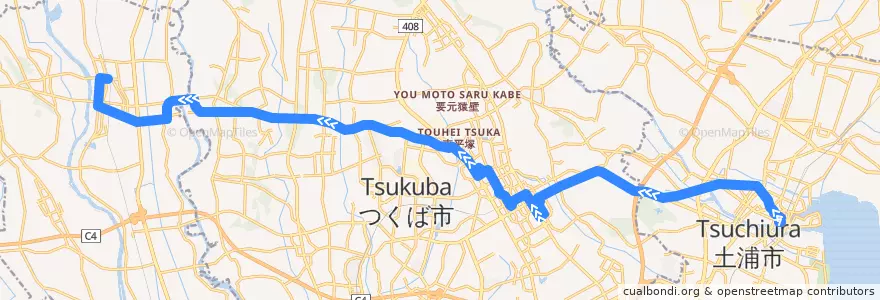 Mapa del recorrido 関鉄パープルバス19系統 土浦駅⇒つくばセンター⇒石下駅 de la línea  en Prefectura de Ibaraki.