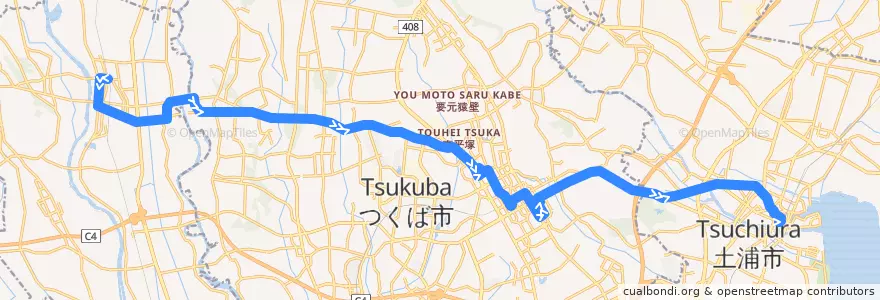 Mapa del recorrido 関鉄パープルバス19系統 石下駅⇒つくばセンター⇒土浦駅 de la línea  en Ibaraki Prefecture.