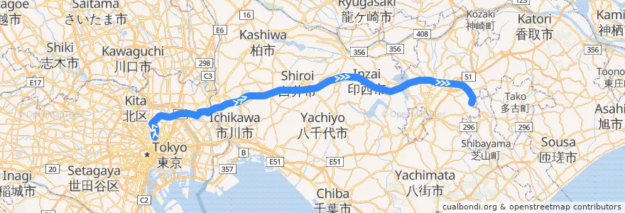 Mapa del recorrido 京成スカイライナー (上り) de la línea  en Japon.