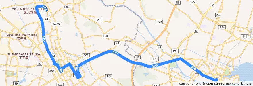 Mapa del recorrido 関東鉄道バス10系統 筑波大学中央⇒つくばセンター⇒土浦駅 de la línea  en Ибараки.