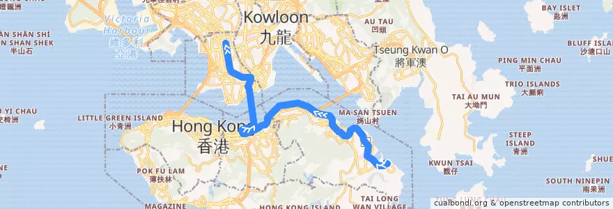 Mapa del recorrido 過海隧巴118R線 Cross-harbour Bus 118R (小西灣運動場 Siu Sai Wan Sports Ground → 旺角（弼街） Mong Kok (Bute Street)) de la línea  en Nuevos Territorios.