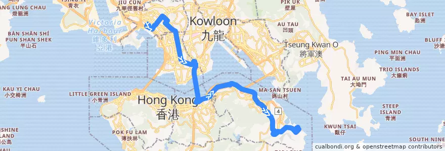 Mapa del recorrido 過海隧巴N118線 Cross-harbour Bus N118 (長沙灣（深旺道） Cheung Sha Wan (Sham Mong Road) → 小西灣（藍灣半島） Siu Sai Wan (Island Resort)) de la línea  en Nouveaux Territoires.