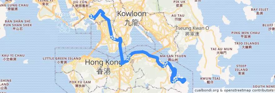 Mapa del recorrido 過海隧巴118P線 Cross-harbour Bus 118P (長沙灣（深旺道） Cheung Sha Wan (Sham Mong Road) → 小西灣（藍灣半島） Siu Sai Wan (Island Resort)) de la línea  en Novos Territórios.