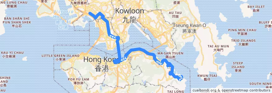 Mapa del recorrido 過海隧巴118P線 Cross-harbour Bus 118P (小西灣（藍灣半島） Siu Sai Wan (Island Resort) → 長沙灣（深旺道） Cheung Sha Wan (Sham Mong Road)) de la línea  en Yeni Bölgeler.