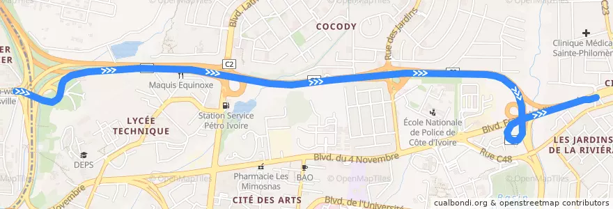 Mapa del recorrido gbaka : Adjamé Liberté → Cocody Riviera 2 de la línea  en Cocody.