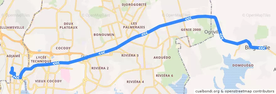 Mapa del recorrido gbaka : Bingerville → Adjamé gare en haut de la línea  en Abidjan.