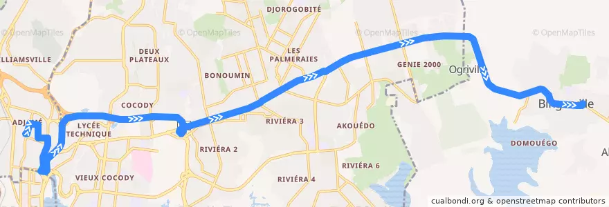 Mapa del recorrido gbaka : Adjamé gare en haut → Bingerville de la línea  en Abidjan.