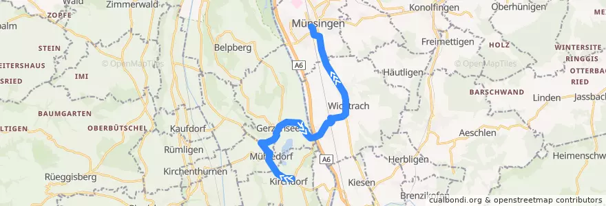 Mapa del recorrido Bus 165: Kirchdorf, Post => Münsingen Bahnhof de la línea  en Verwaltungsregion Bern-Mittelland.