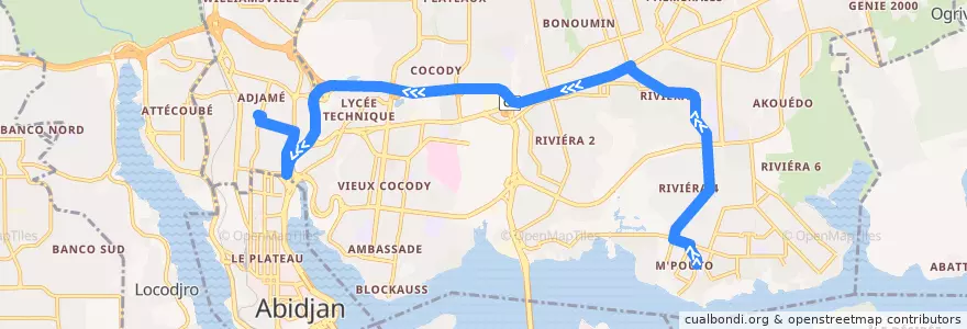 Mapa del recorrido gbaka : Cocody Riviera M'pouto → Adjamé gare en haut de la línea  en Cocody.