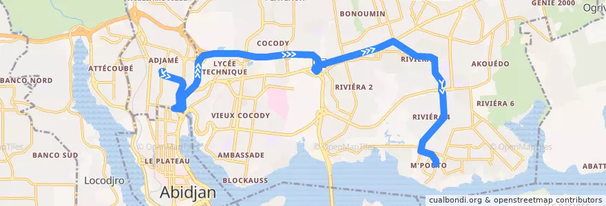 Mapa del recorrido gbaka : Adjamé gare en haut → Cocody Riviera M'pouto de la línea  en Cocody.