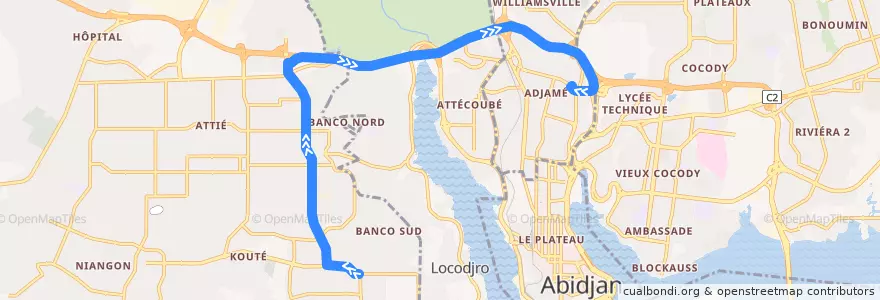 Mapa del recorrido gbaka : Yopougon Kowët → Adjamé Texaco de la línea  en Абиджан.