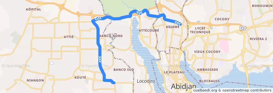 Mapa del recorrido gbaka : Adjamé Texaco → Yopougon Kowët de la línea  en Abidjan.