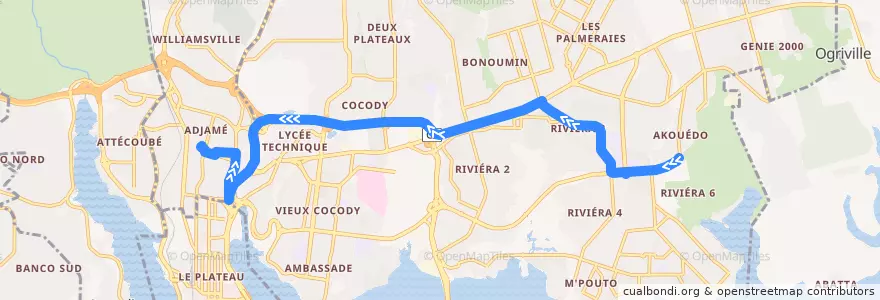 Mapa del recorrido gbaka : Cocody Akouédo → Adjamé gare en haut de la línea  en Cocody.