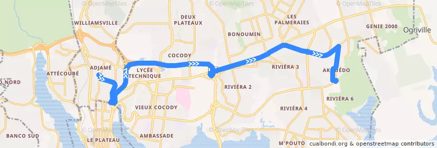 Mapa del recorrido gbaka : Adjamé gare en haut → Cocody Akouédo de la línea  en Cocody.