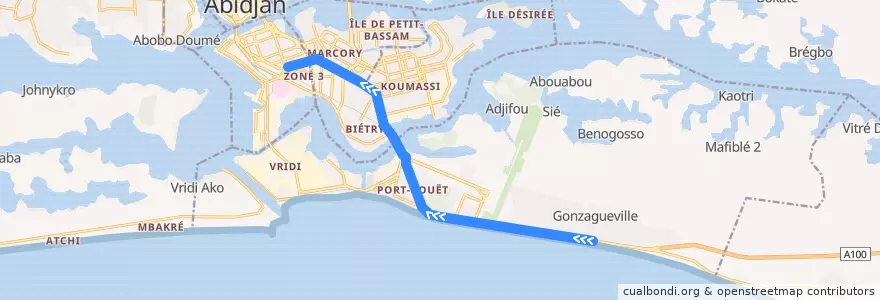 Mapa del recorrido gbaka : Port-Bouët Gonzagueville → Treichville Gare de Bassam de la línea  en Abidjan.