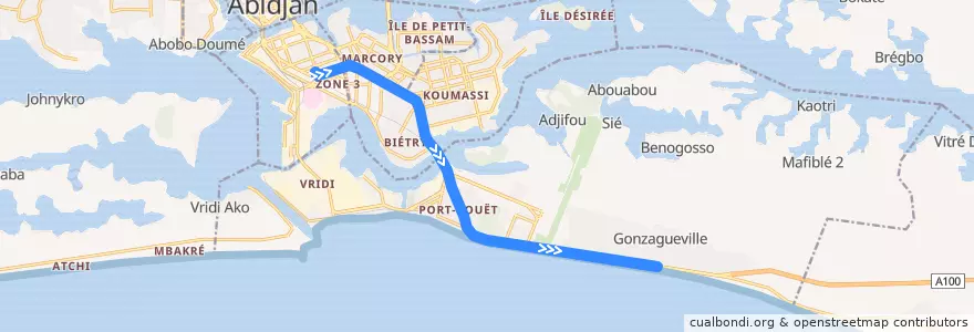 Mapa del recorrido gbaka : Treichville Gare de Bassam → Port-Bouët Gonzagueville de la línea  en 阿比让.