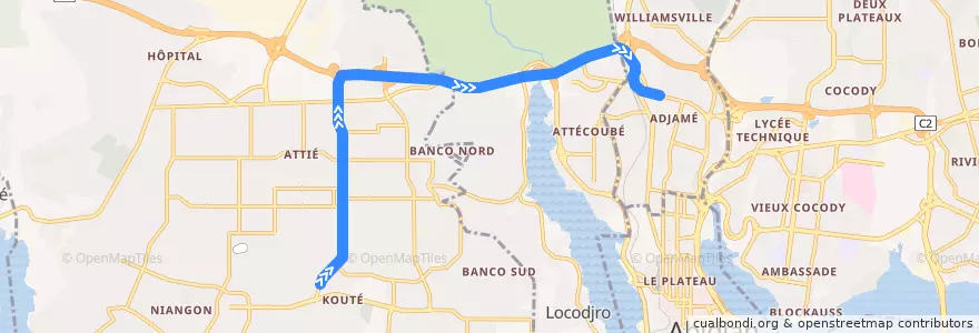 Mapa del recorrido gbaka : Yopougon Palais → Adjamé Renault de la línea  en Abican.