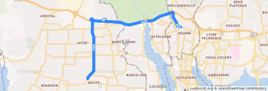 Mapa del recorrido gbaka : Adjamé Renault → Yopougon Palais de la línea  en Abidjan.