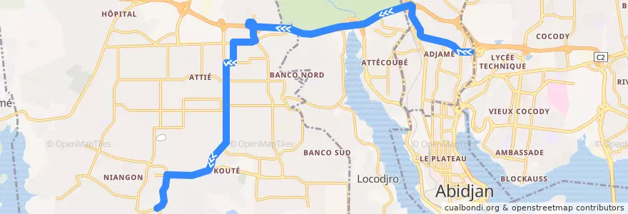 Mapa del recorrido gbaka : Adjamé Liberté → Yopougon Niangon Terminus 27 de la línea  en Abidjan.
