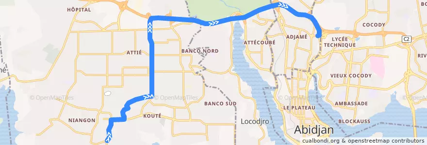 Mapa del recorrido gbaka : Yopougon Niangon Terminus 27 → Adjamé Liberté de la línea  en 阿比让.