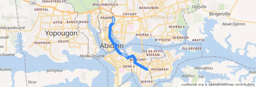 Mapa del recorrido gbaka : Adjamé Liberté → Koumassi de la línea  en Abiyán.