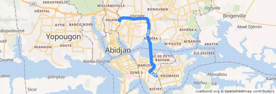 Mapa del recorrido gbaka : Koumassi → Adjamé Liberté de la línea  en Abidjan.