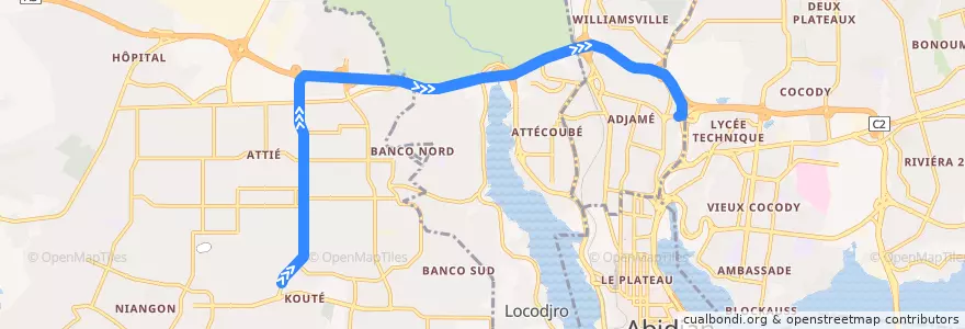 Mapa del recorrido gbaka : Yopougon Palais → Adjamé Liberté de la línea  en أبيدجان.