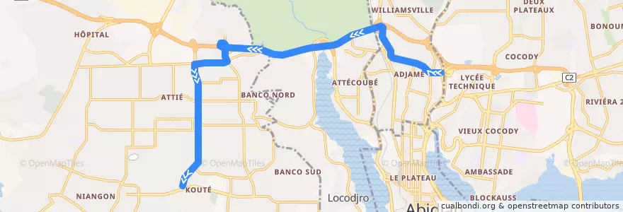 Mapa del recorrido gbaka : Adjamé Liberté → Yopougon Palais de la línea  en Abidjan.