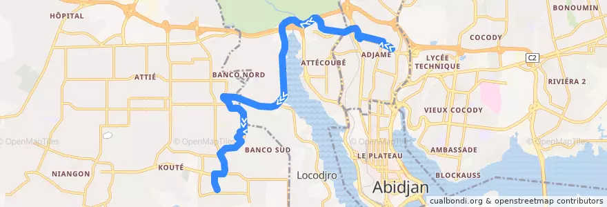 Mapa del recorrido gbaka : Adjamé Texaco → Yopougon Camp Militaire de la línea  en Abidjan.
