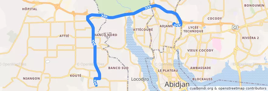 Mapa del recorrido gbaka : Yopougon Camp Militaire → Adjamé Texaco de la línea  en Abidjan.