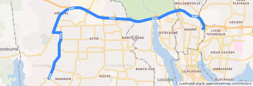 Mapa del recorrido gbaka : Yopougon Carrefour Académie → Adjamé Liberté de la línea  en Abidjan.