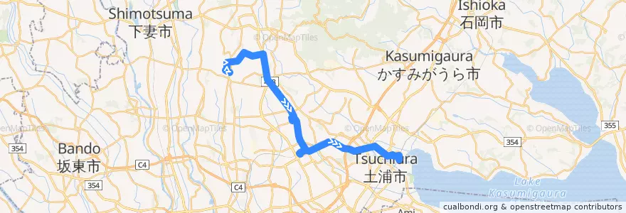 Mapa del recorrido 関東鉄道バス18系統 つくばテクノパーク大穂⇒つくばセンター⇒土浦駅東口 de la línea  en Ibaraki Prefecture.