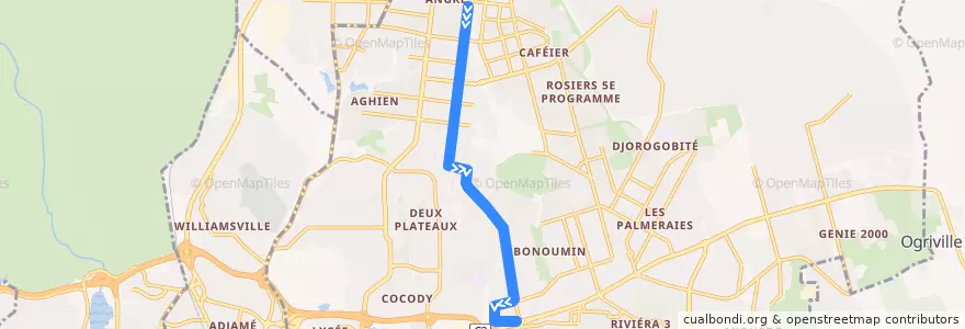Mapa del recorrido woro woro : Angré Terminus 81-82 → Riviera 2 de la línea  en Cocody.