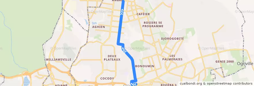 Mapa del recorrido woro woro : Riviera 2 → Angré Terminus 81-82 de la línea  en Cocody.