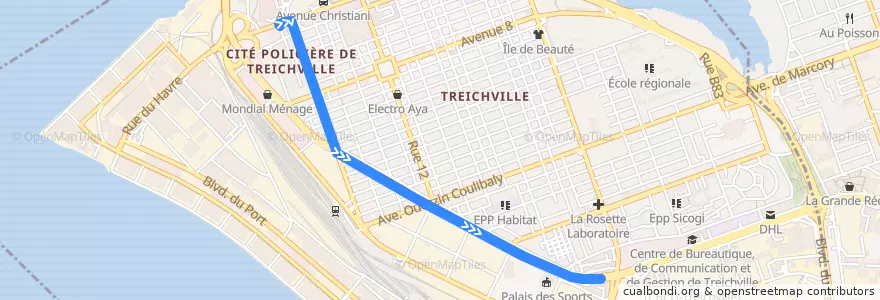 Mapa del recorrido woro woro : Treichville Gare Bateau-bus → Treichville Gare de Bassam de la línea  en Treichville.