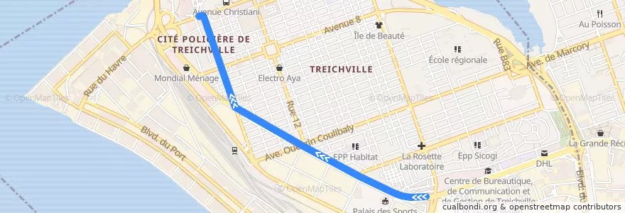 Mapa del recorrido woro woro : Treichville Gare de Bassam → Treichville Gare Bateau-bus de la línea  en Treichville.