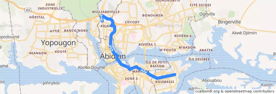Mapa del recorrido bus 11 : Gare Nord → Koumassi Prodomo de la línea  en Abidjan.