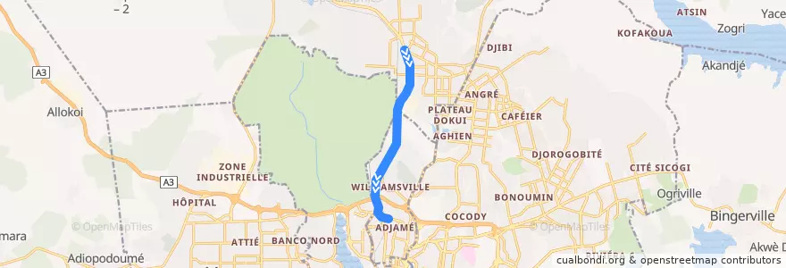 Mapa del recorrido gbaka : Abobo Gare Mairie → Adjamé Renault de la línea  en Abidjan.