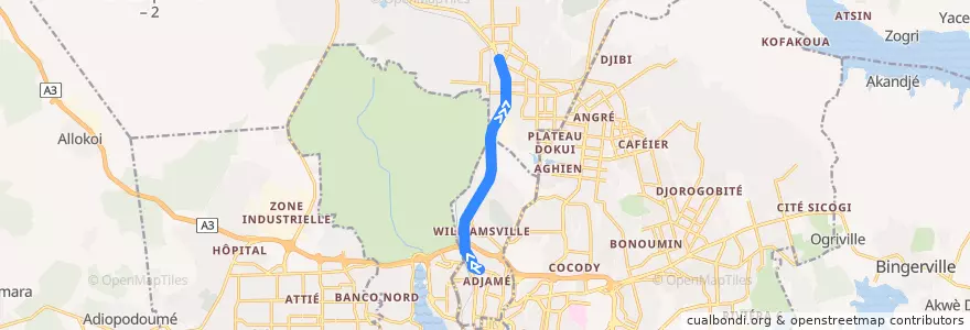 Mapa del recorrido gbaka : Adjamé Renault → Abobo Gare Mairie de la línea  en Abidjan.