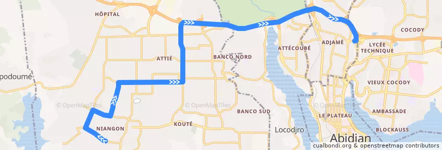 Mapa del recorrido gbaka : Carrefour Lokoa → Adjamé Liberté de la línea  en Abidjan.
